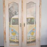 Vintage blonde wood wardrobe painted in antique white, doors decorated with Volkswagen Samba, unique piece.