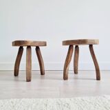Pair of solid wood tripod stools - brutalist