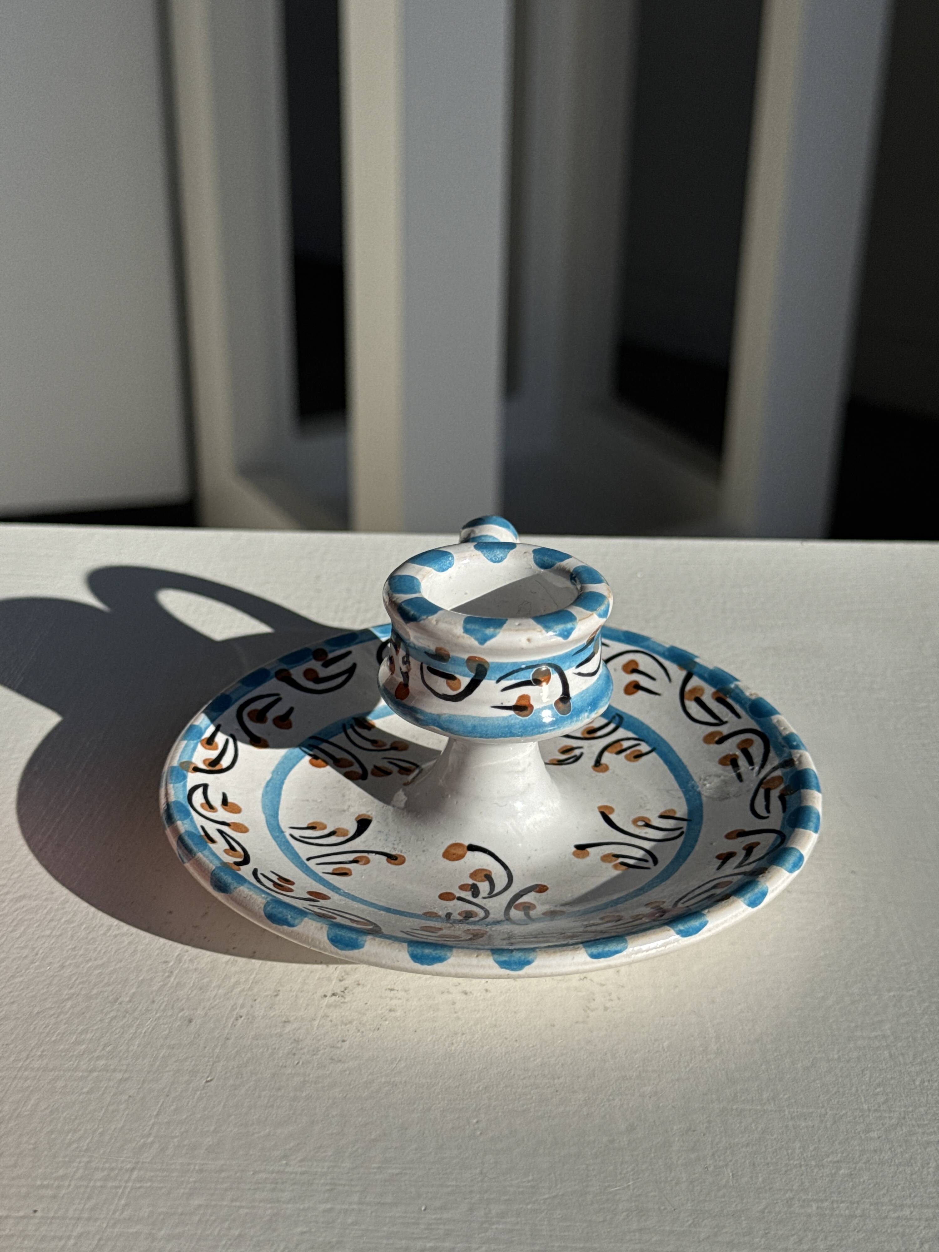 Light blue Moustiers candlestick H5 D12.5