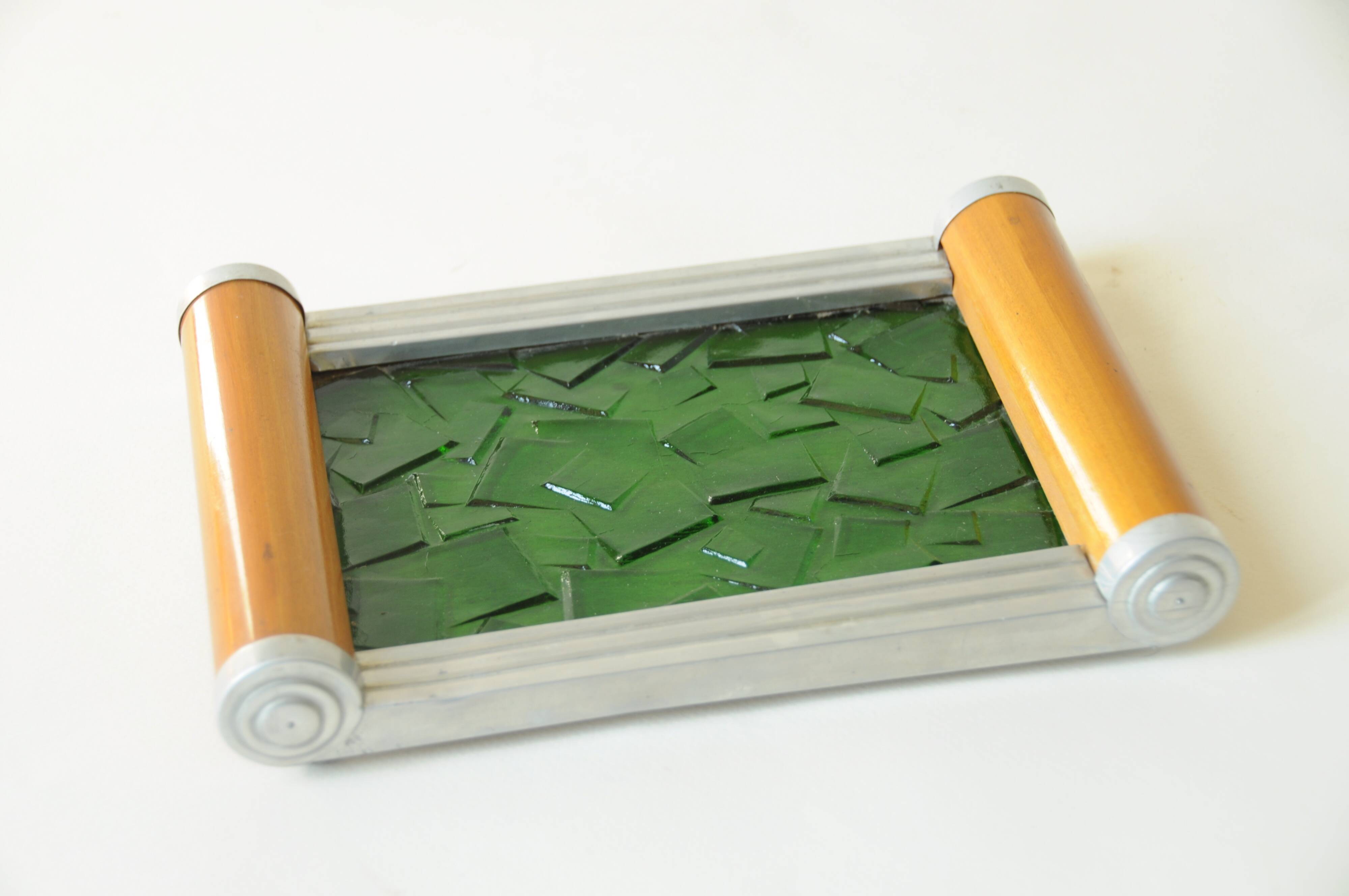 Original Art Deco vintage design plateau in green glass, wood and aluminium.