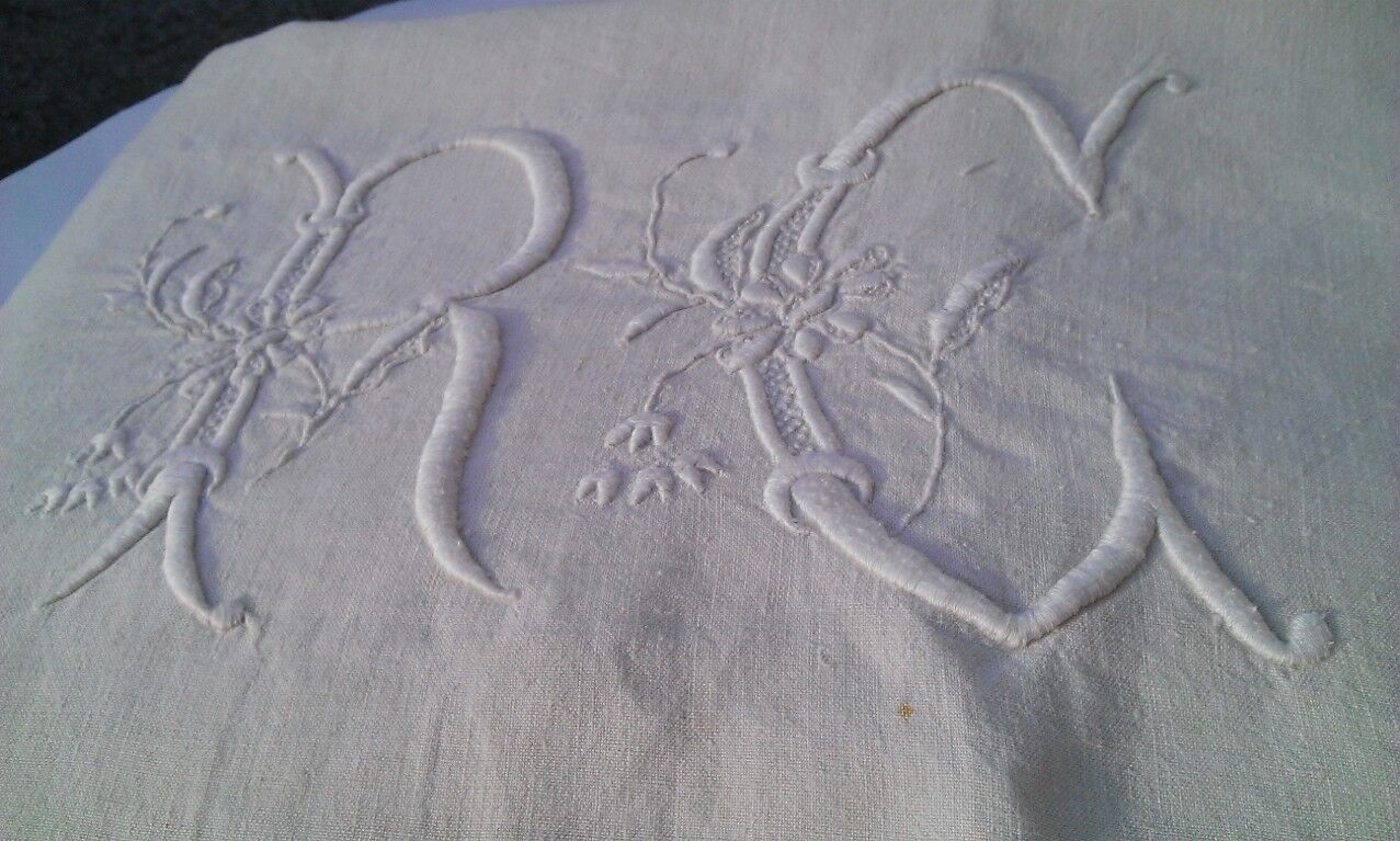 Large sheet 2places embroidered linen R C broad day