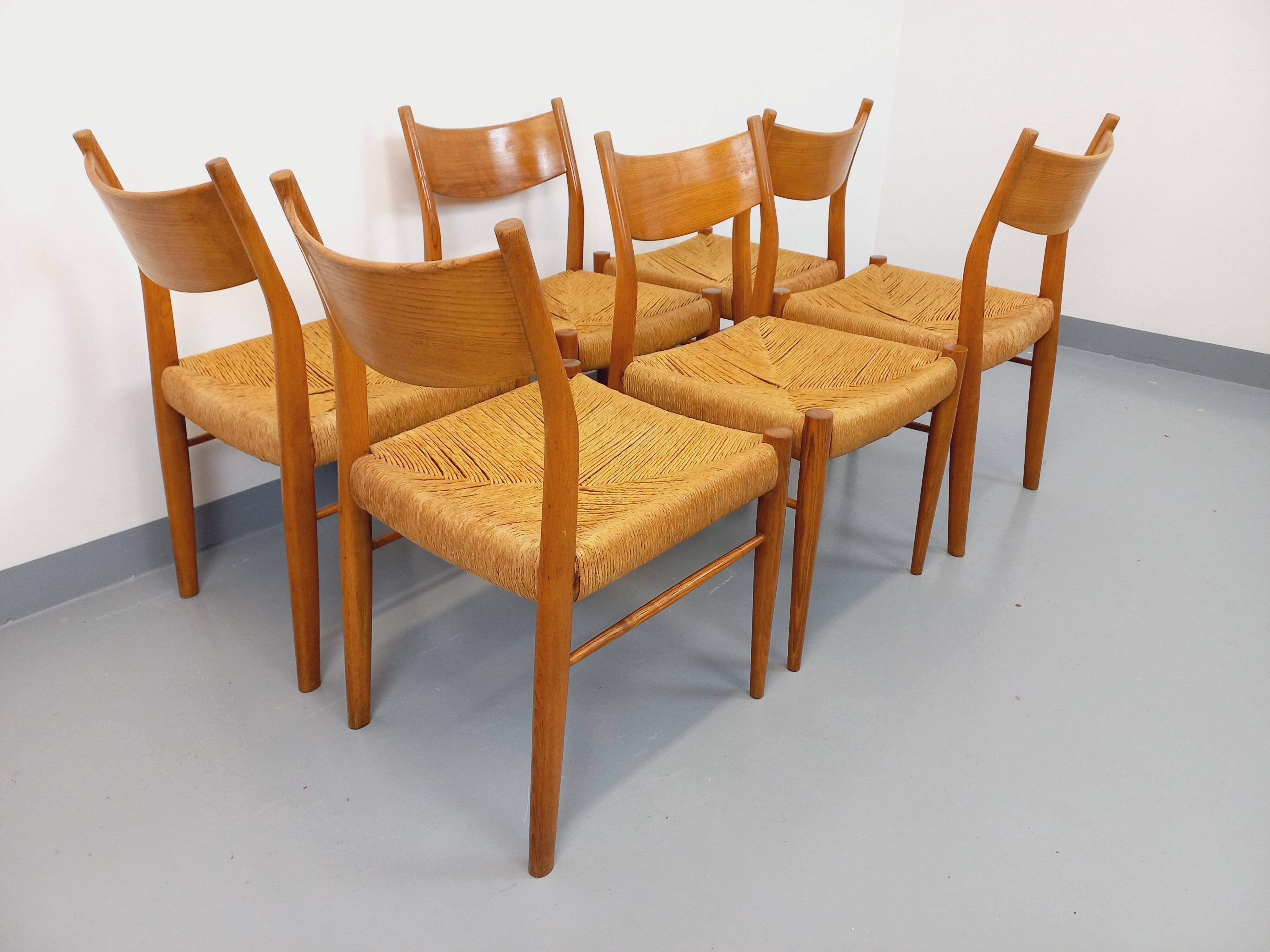Set of 6 vintage teak Danish rope chairs Gessef Consorzio Sedie Friuli