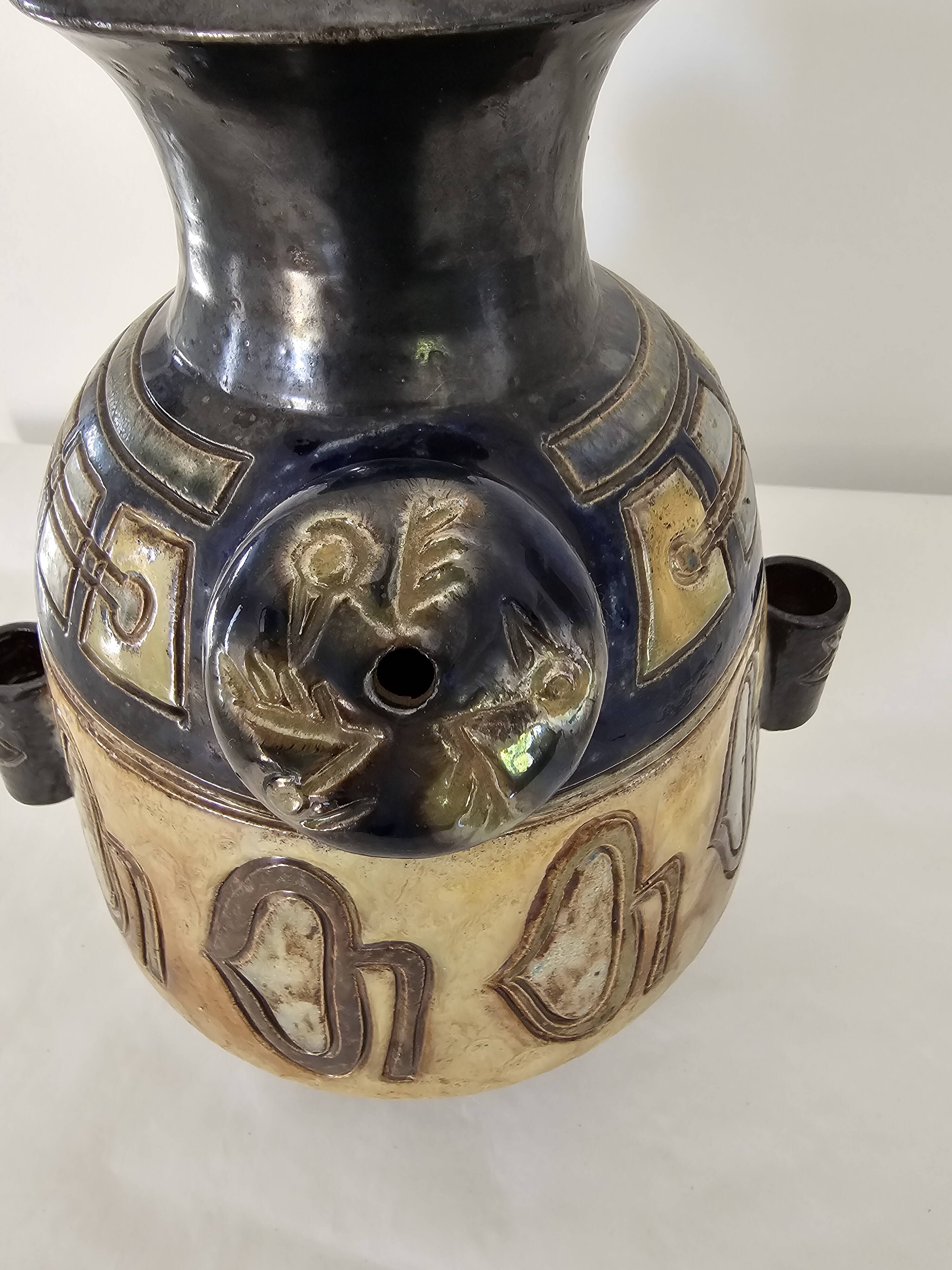 Stoneware vase with Art Deco geometric motifs signed Roger GUERIN