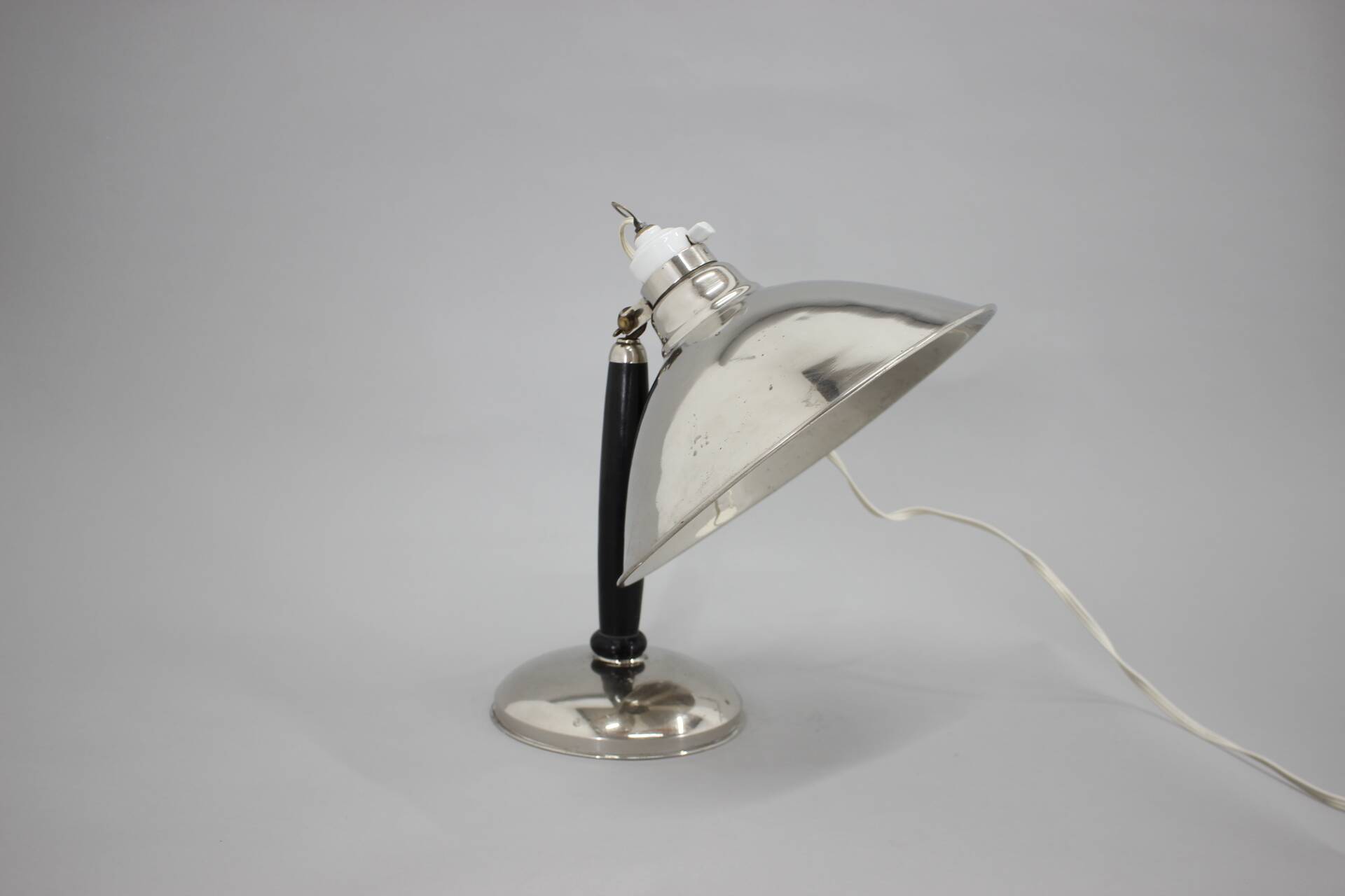 1950s Industrial Chrome & Wood Table Lamp with Ceramic Switch, Czechoslovakia