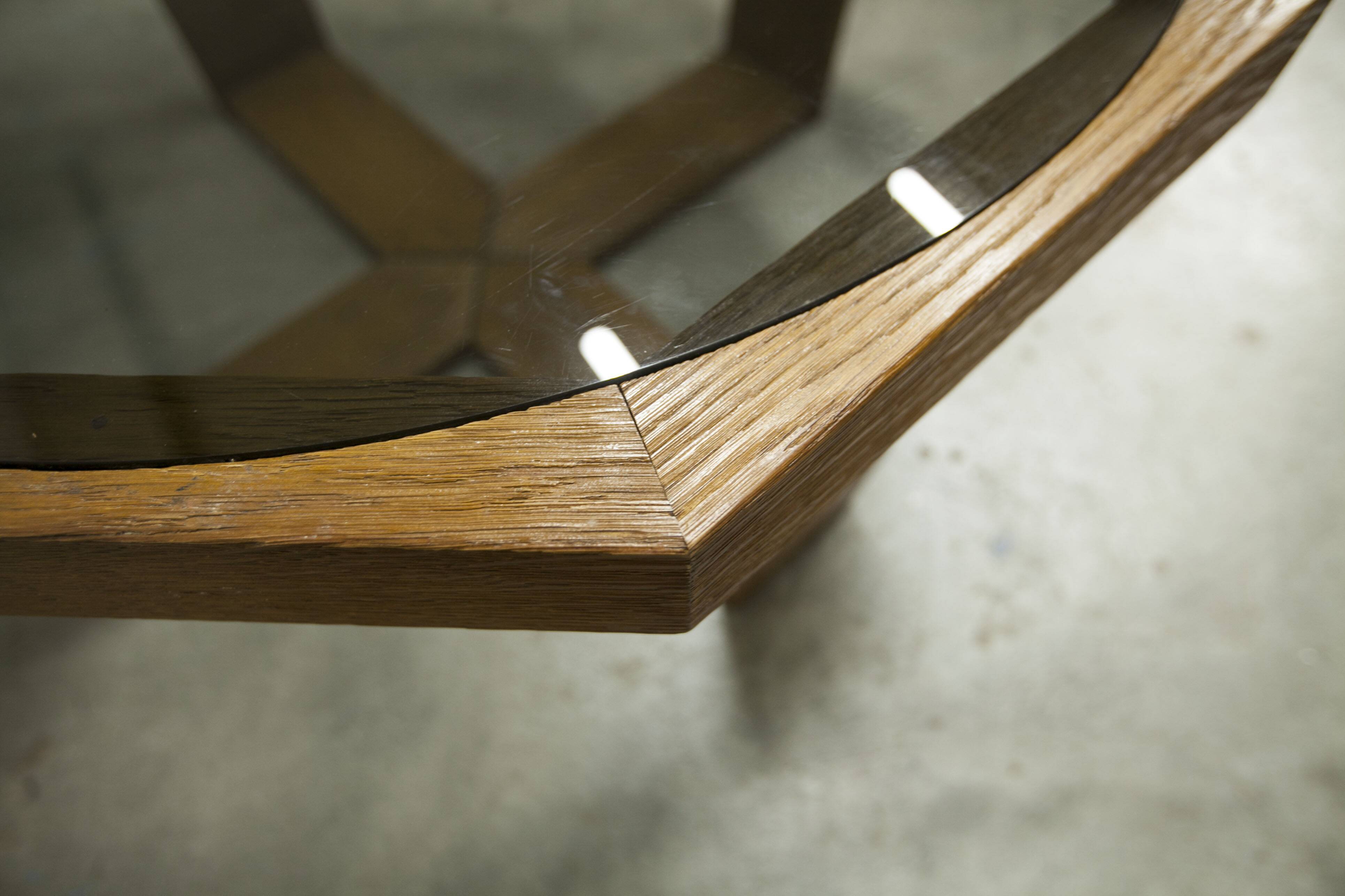 Unique hexagonal table 1977, smoked glass and oak, Swiss made.