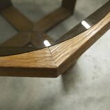 Unique hexagonal table 1977, smoked glass and oak, Swiss made.