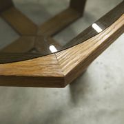 Unique hexagonal table 1977, smoked glass and oak, Swiss made.