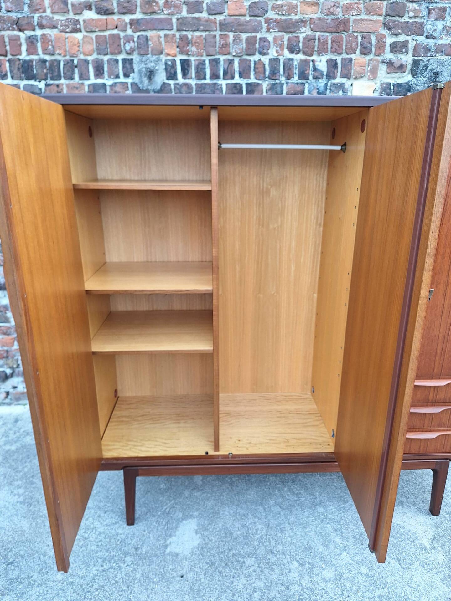 Vintage teak wardrobe, antique clothing cabinet.