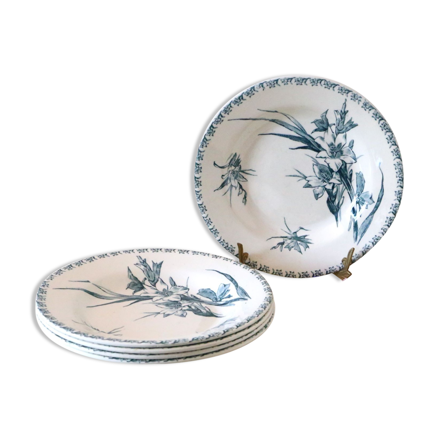 Hollow plates x5, Gien, Glaieul pattern, iron earth