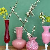 Set of 5 antique vases/soliflores in opaline and pink and red glass.