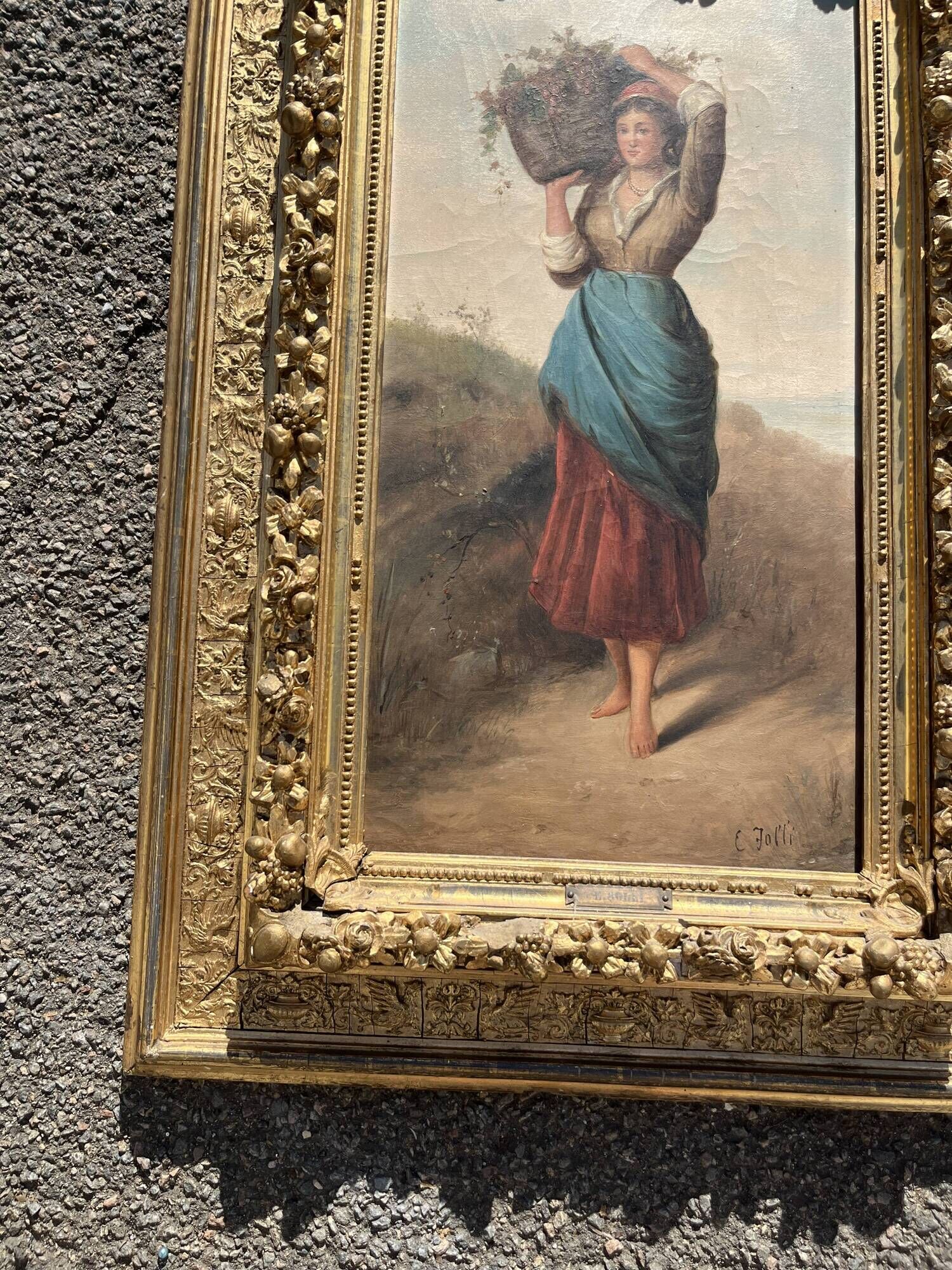Ernesto Jolli – Oil on canvas 19th century – Young woman with a basket of flowers