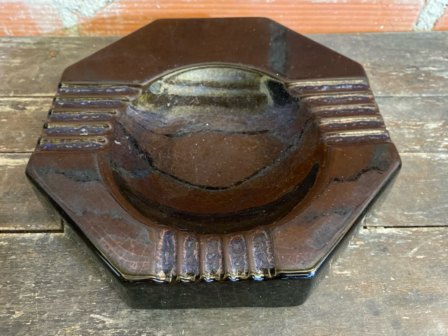 Vintage Black Cracked Ceramic Octagonal Ashtray S. BESSY