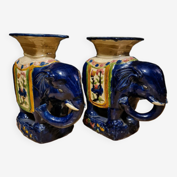 Paire de Tables Basses Éléphants en Céramique Vernissée - Première Moitié du XXème Siècle