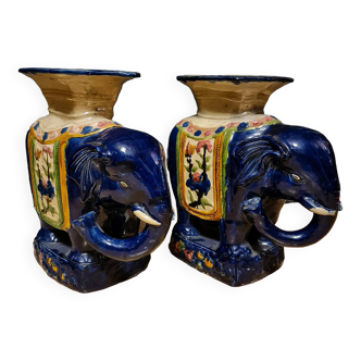 Pair of Elephant Coffee Tables in Glazed Ceramic - First Half of the 20th Century