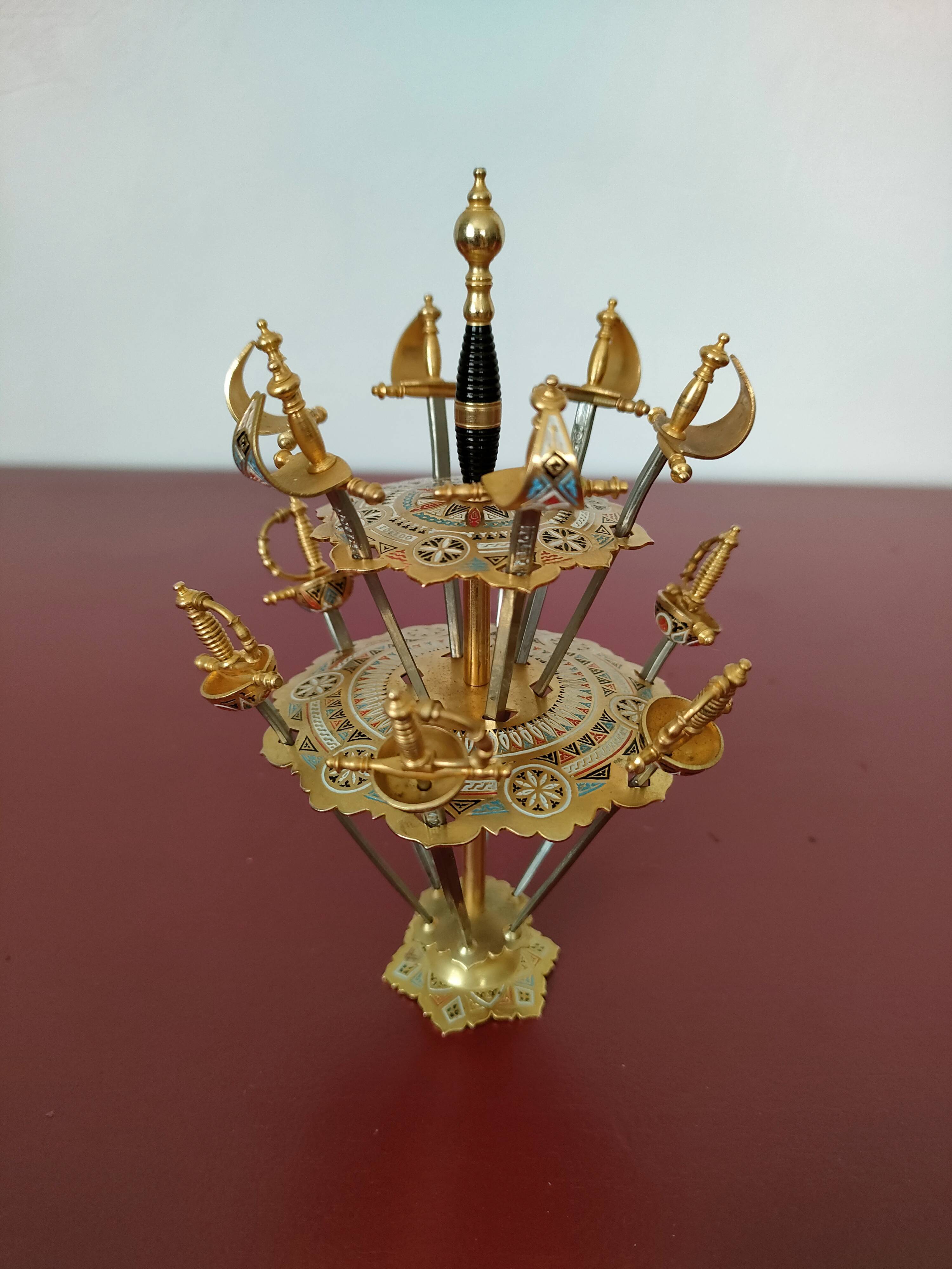 12 aperitif spades in the shape of swords on tray by Toledo Spain 70's