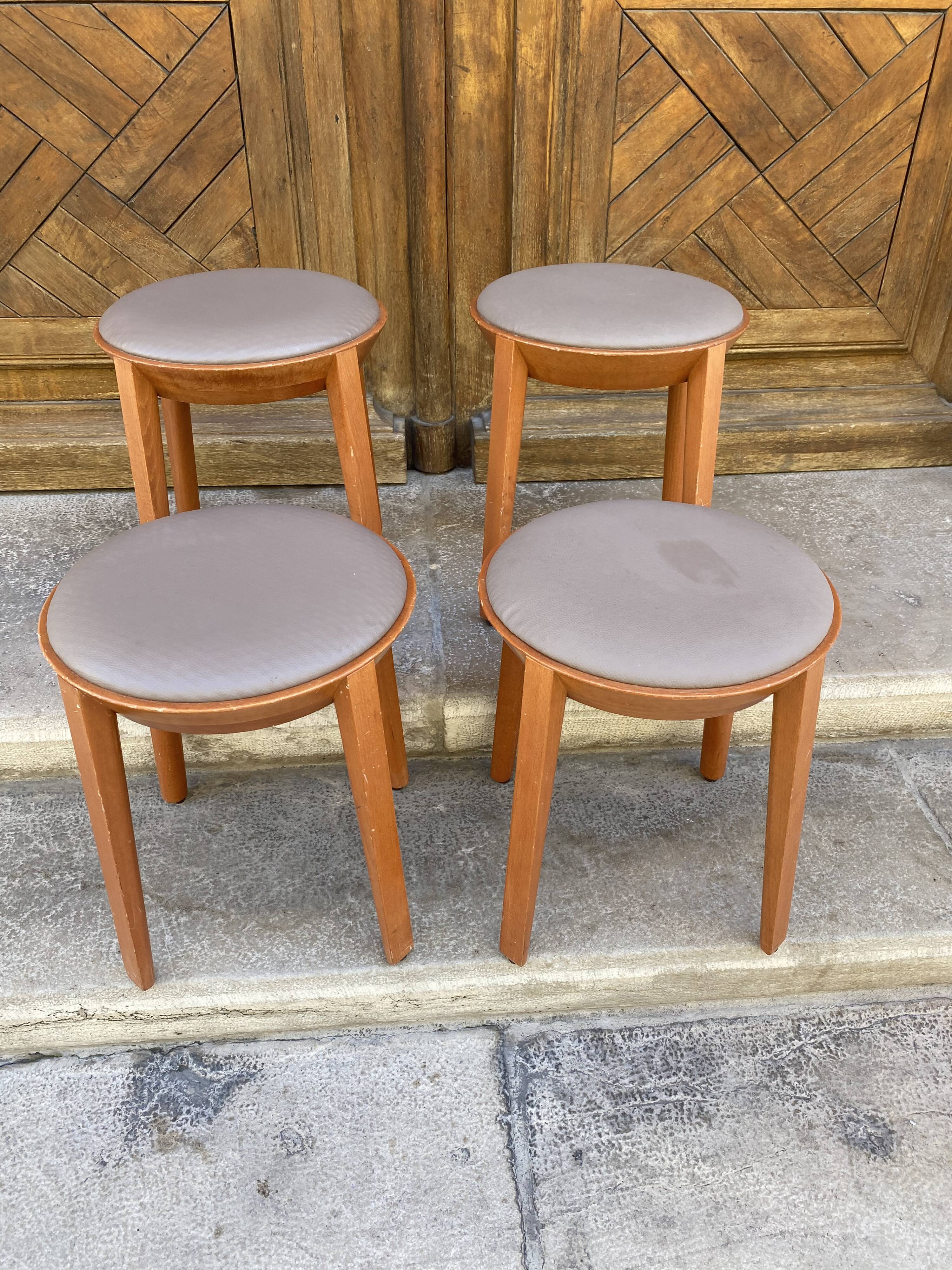 Set of 4 stools in beech and gray Skai 1980