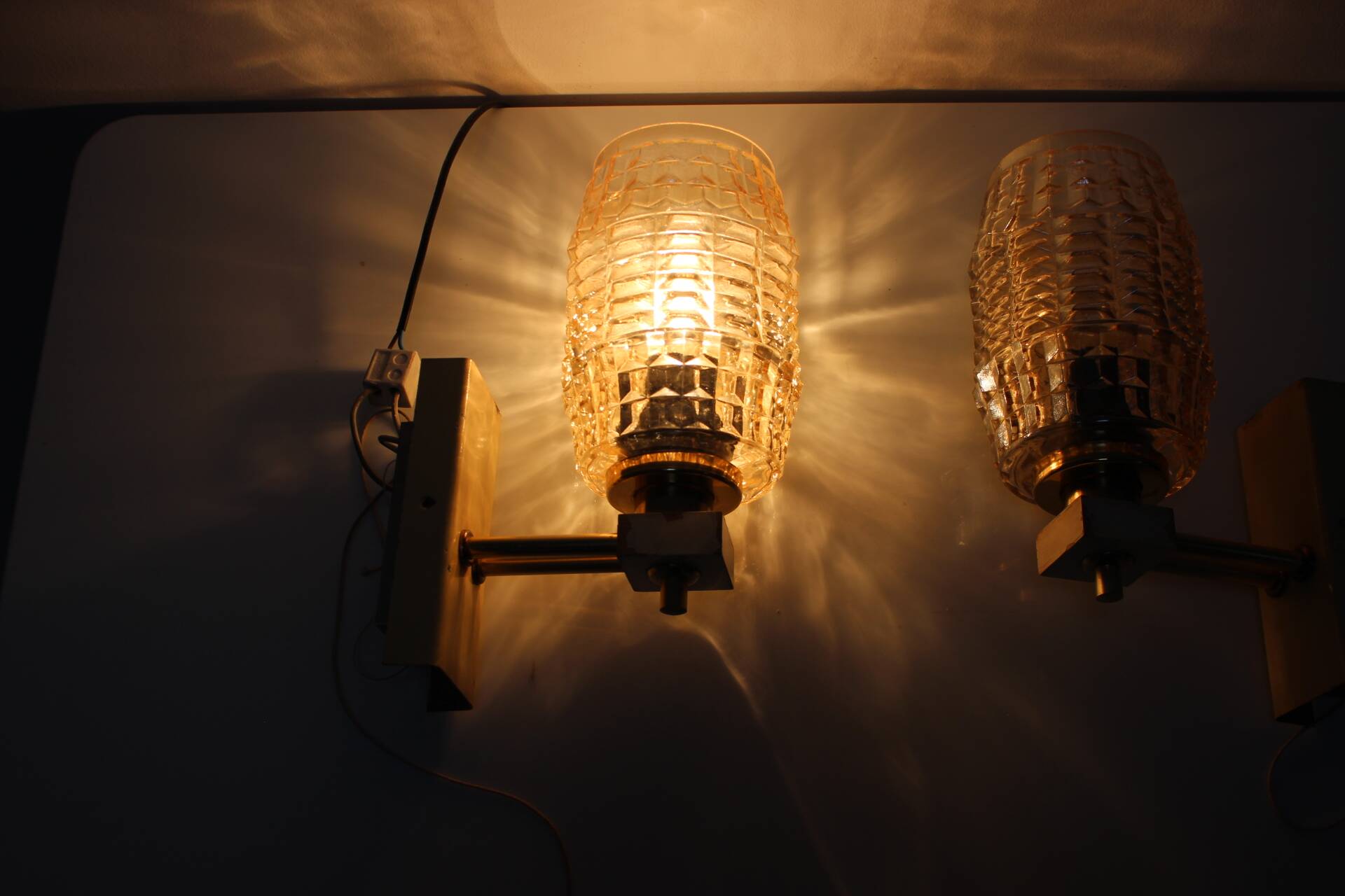 1970s Pair of Two Wall Lamps with Glass Shades, Czechoslovakia