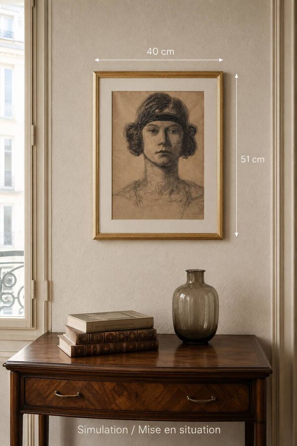 Portrait féminin Art Déco au fusain Paris vers 1921-1927, encadré