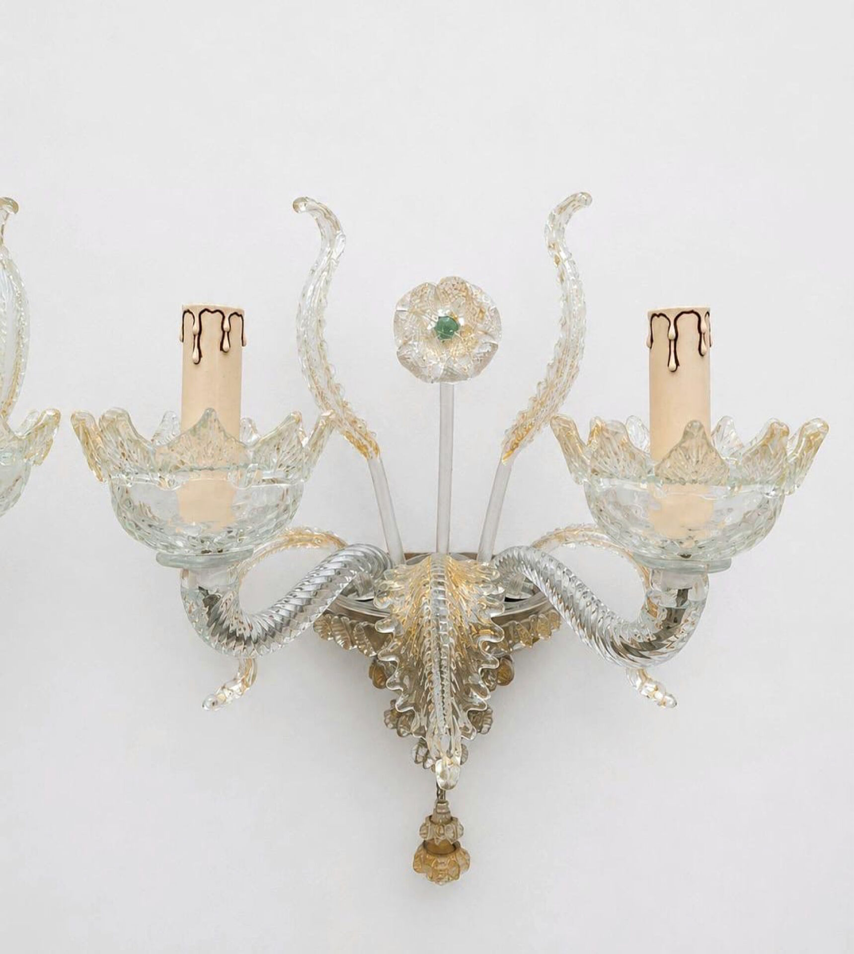 2 Murano glass wall sconces with gold leaves, vintage light fixtures.