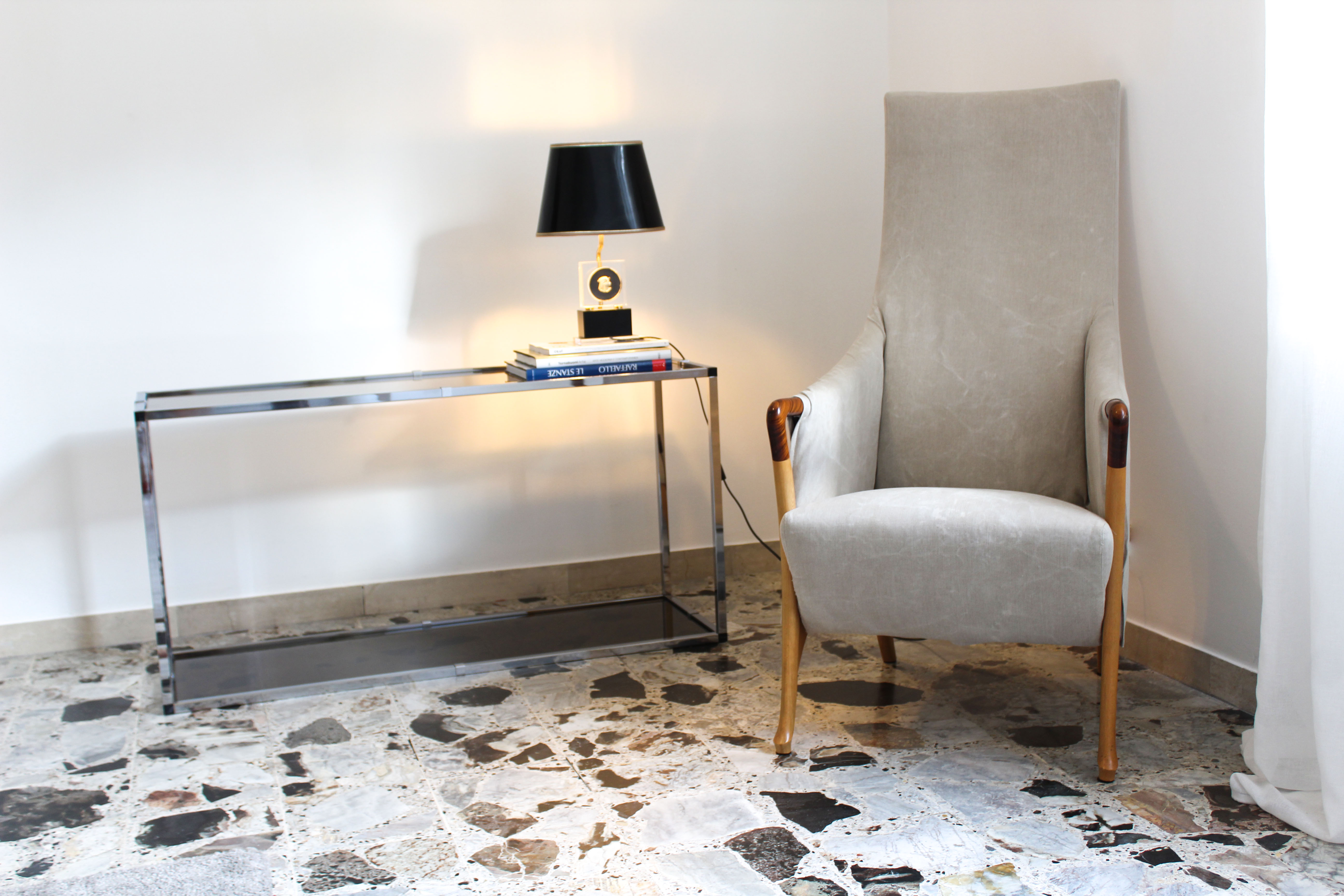 Console in chromed metal and smoked glass, Italy 70's