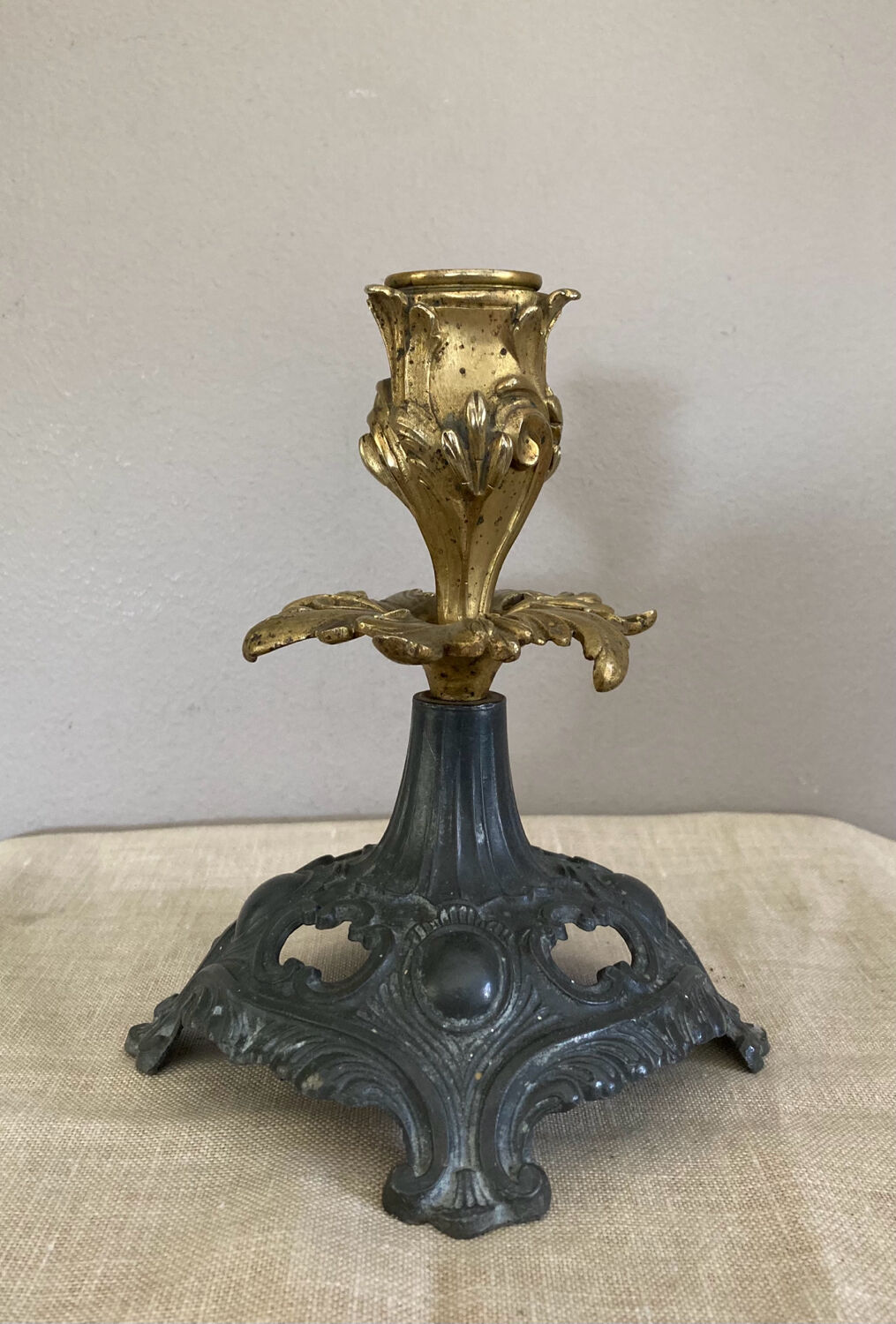 Louis XV candlestick in solid bronze openwork pewter base early twentieth century