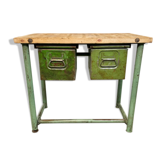 Green Industrial Worktable with Two Iron Drawers, 1960s