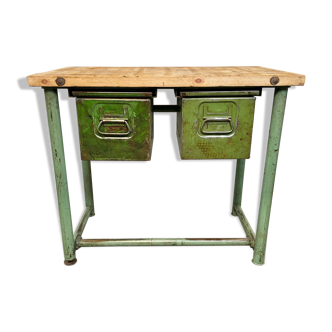 Table de travail industrielle verte avec deux tiroirs en fer, années 1960