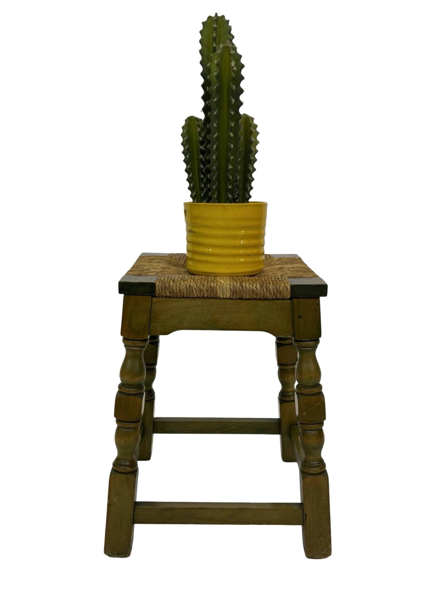 Vintage wooden stool straw seat 70s minimalist design in green