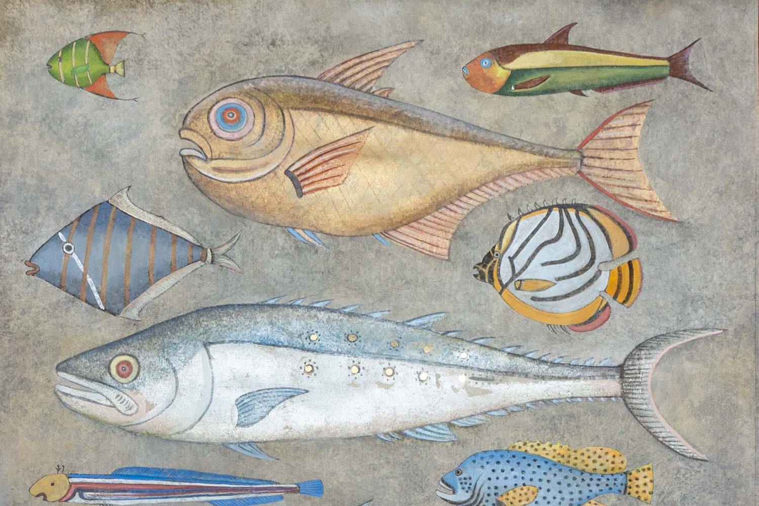 Painted canvas representing a board of fish. Contemporary work.