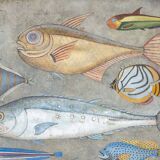 Painted canvas representing a board of fish. Contemporary work.