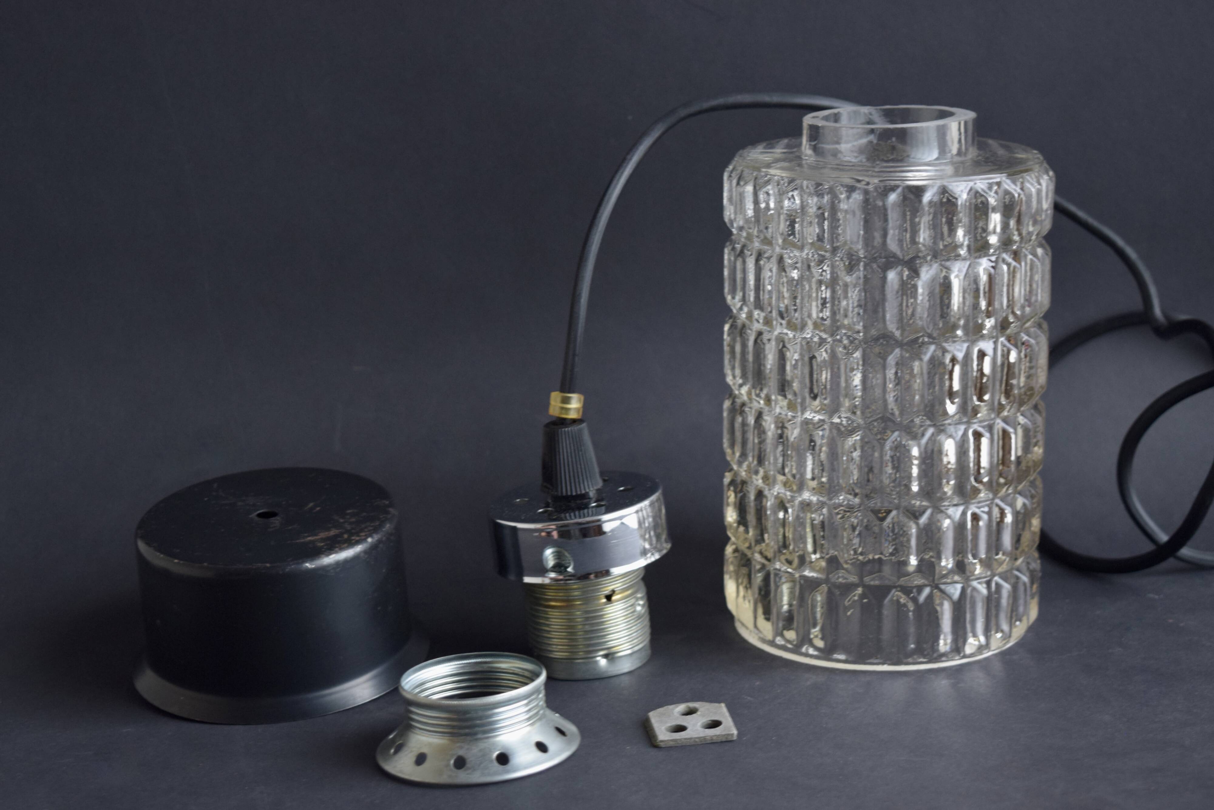 Vintage pendant light in textured molded glass and chrome metal