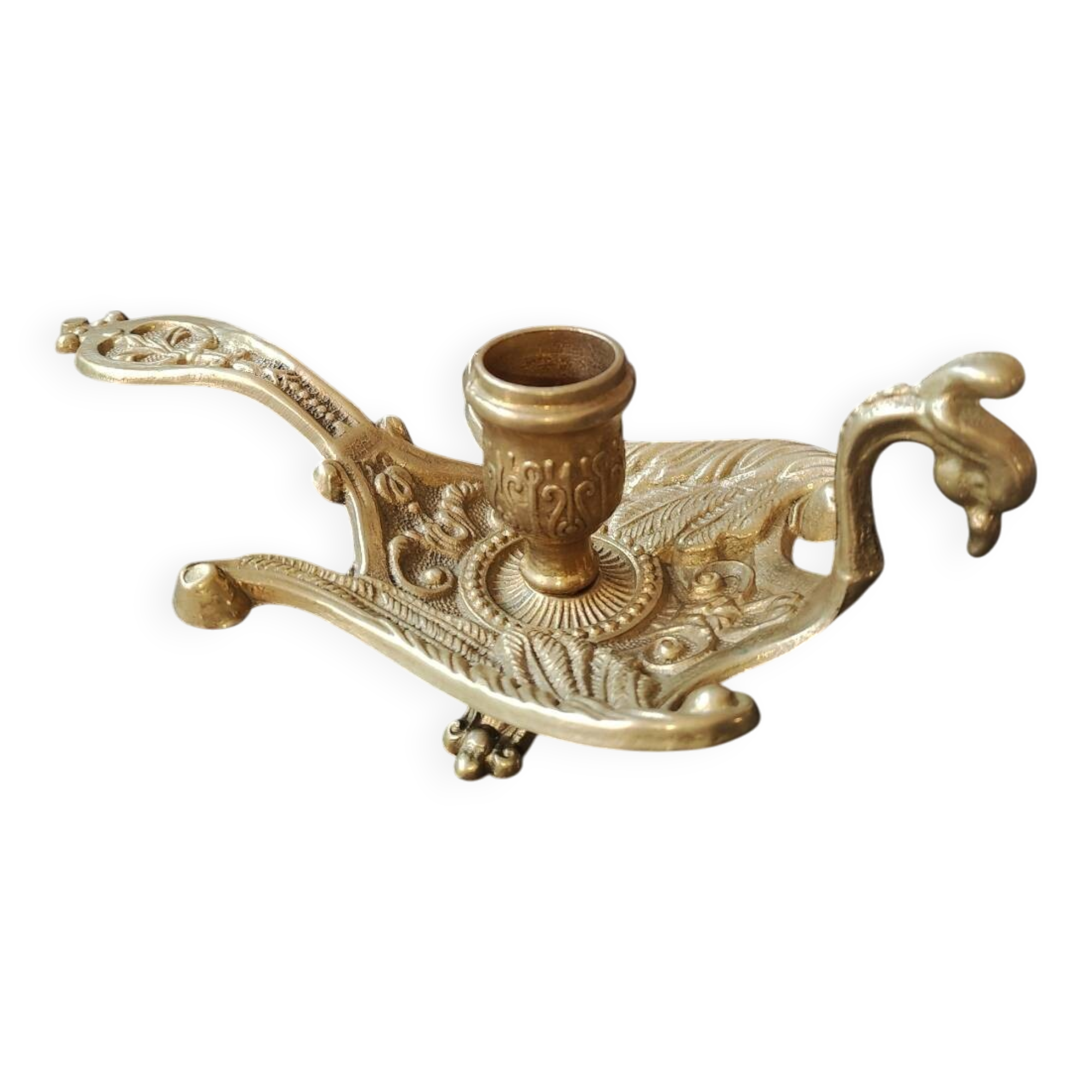 Hand-held bourgeoir/cellar rat, Phoenix/Peacock, in brass. Art Nouveau style