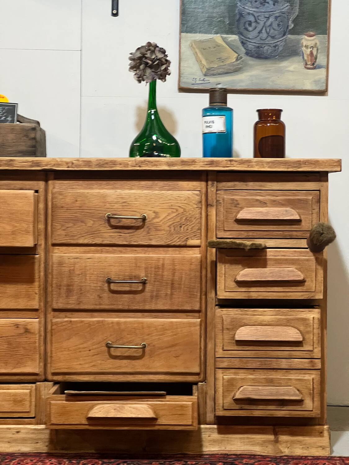 Old oak workshop drawer unit