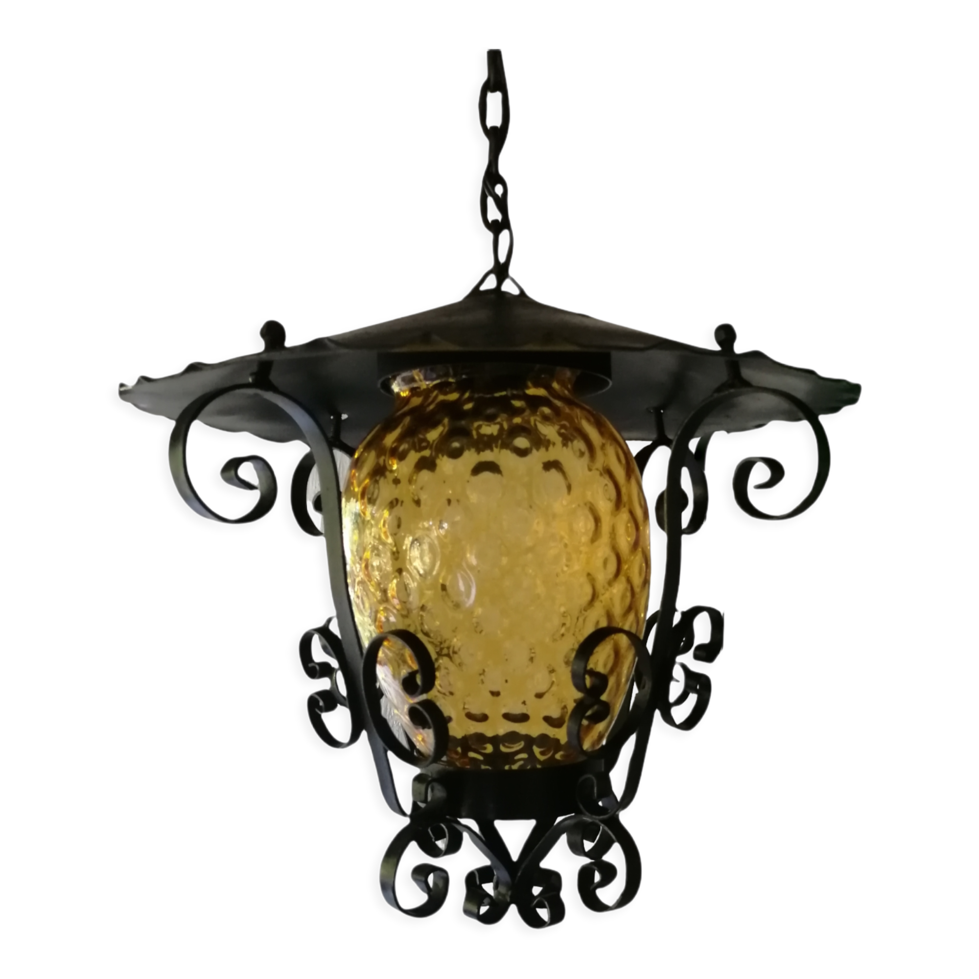 Lantern wrought iron glass yellow pineapple, vintage