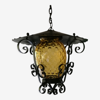 Lantern wrought iron glass yellow pineapple, vintage