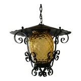 Lanterne fer forgé verre jaune ananas , vintage