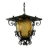 Lantern wrought iron glass yellow pineapple, vintage