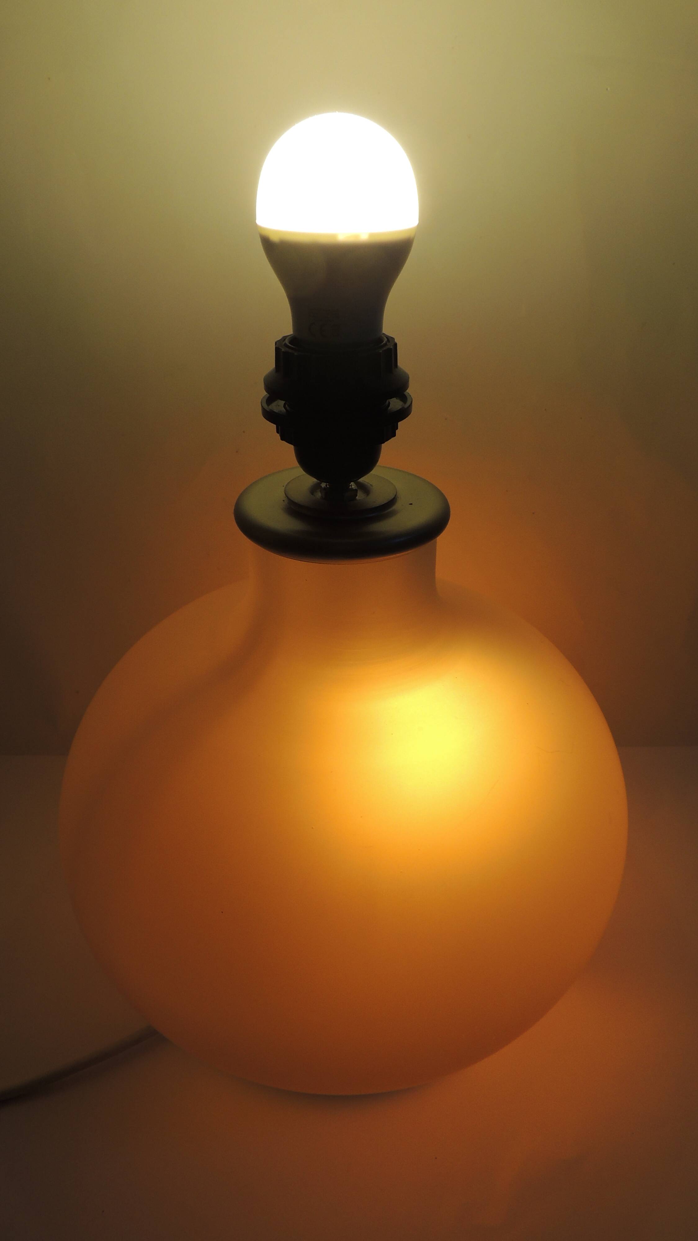 Vintage frosted glass lamp, round globe, elegant design, soft light.