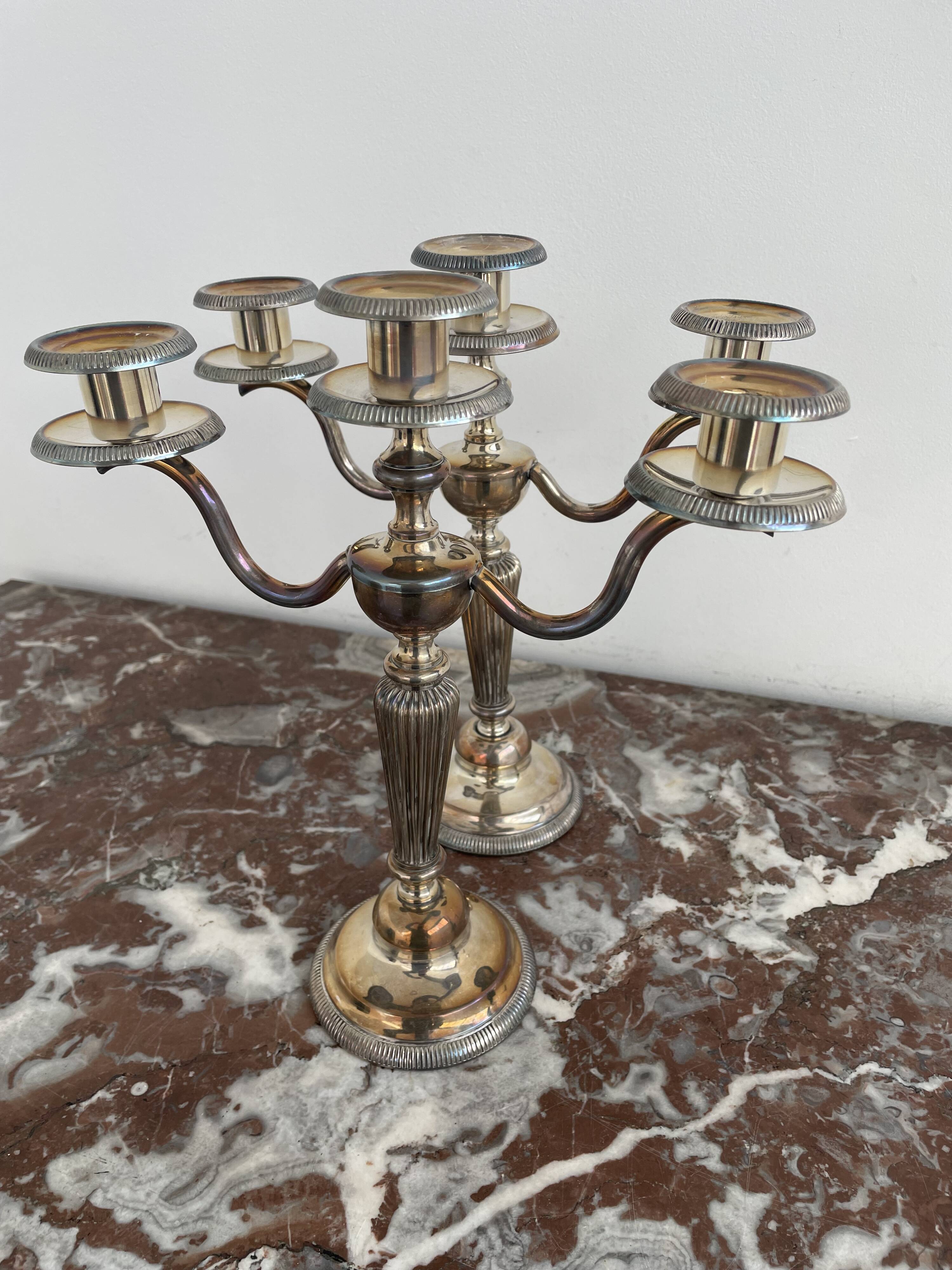 Candlesticks, silver-plated metal, Maison Christofle, pair of candelabras, 3 lights
