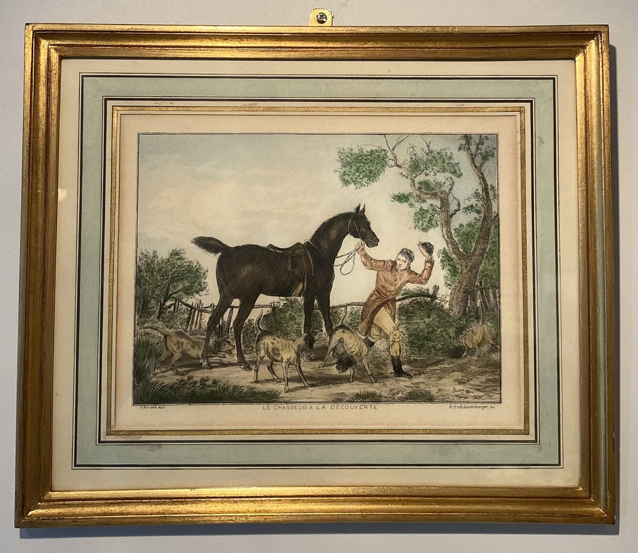 Antique engraving , the hunter to the discovery early XX century