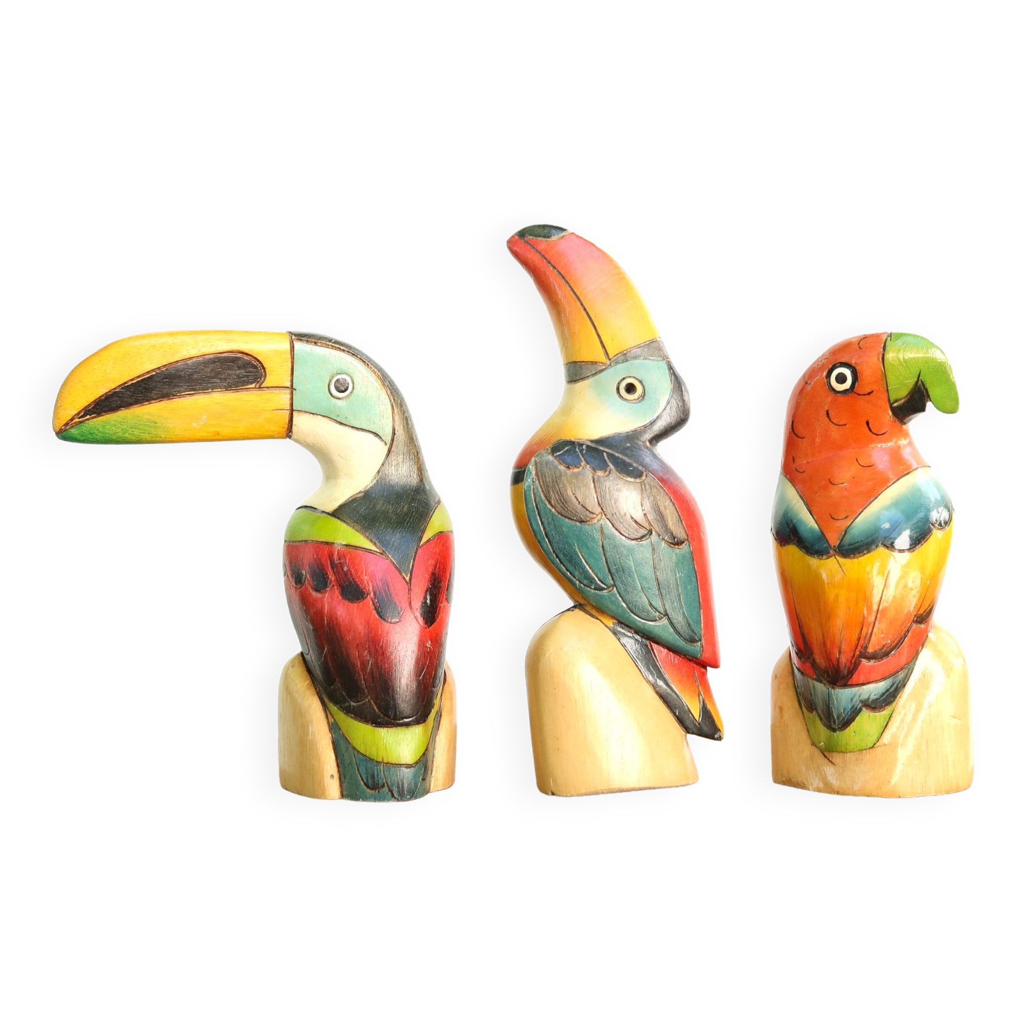 Set de 3 toucans et perroquet en bois, années 80