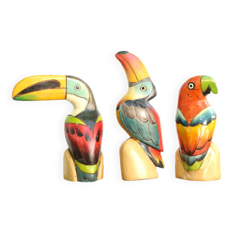 Set de 3 toucans et perroquet en bois, années 80