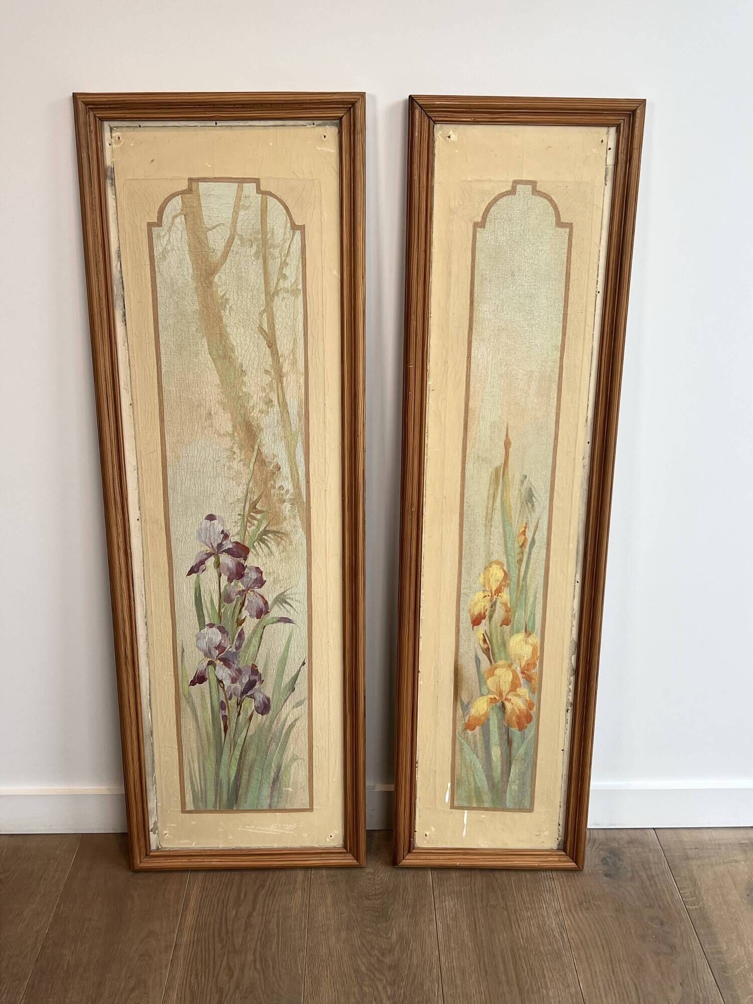Pair of Art Nouveau Decorative Panels with Purple and Yellow Irises. Work