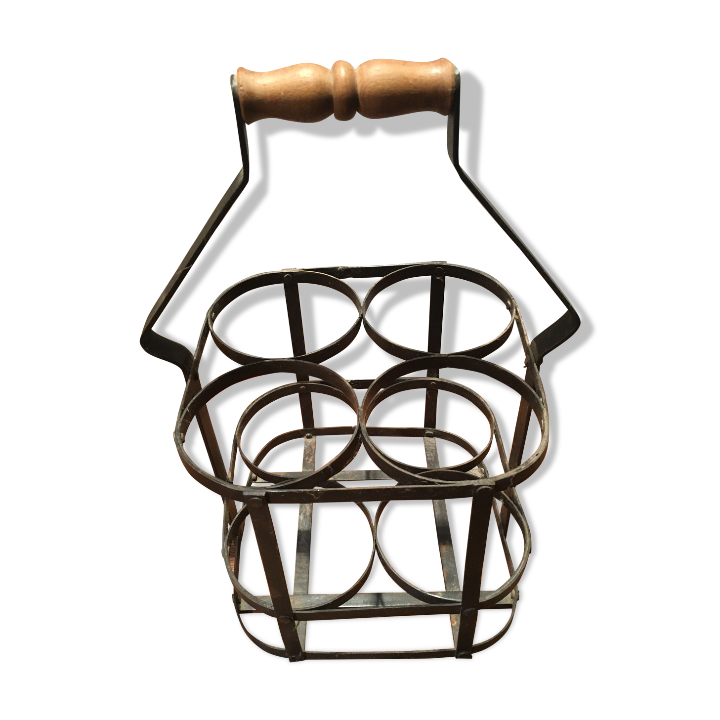 Metal bottle basket and wooden handle
