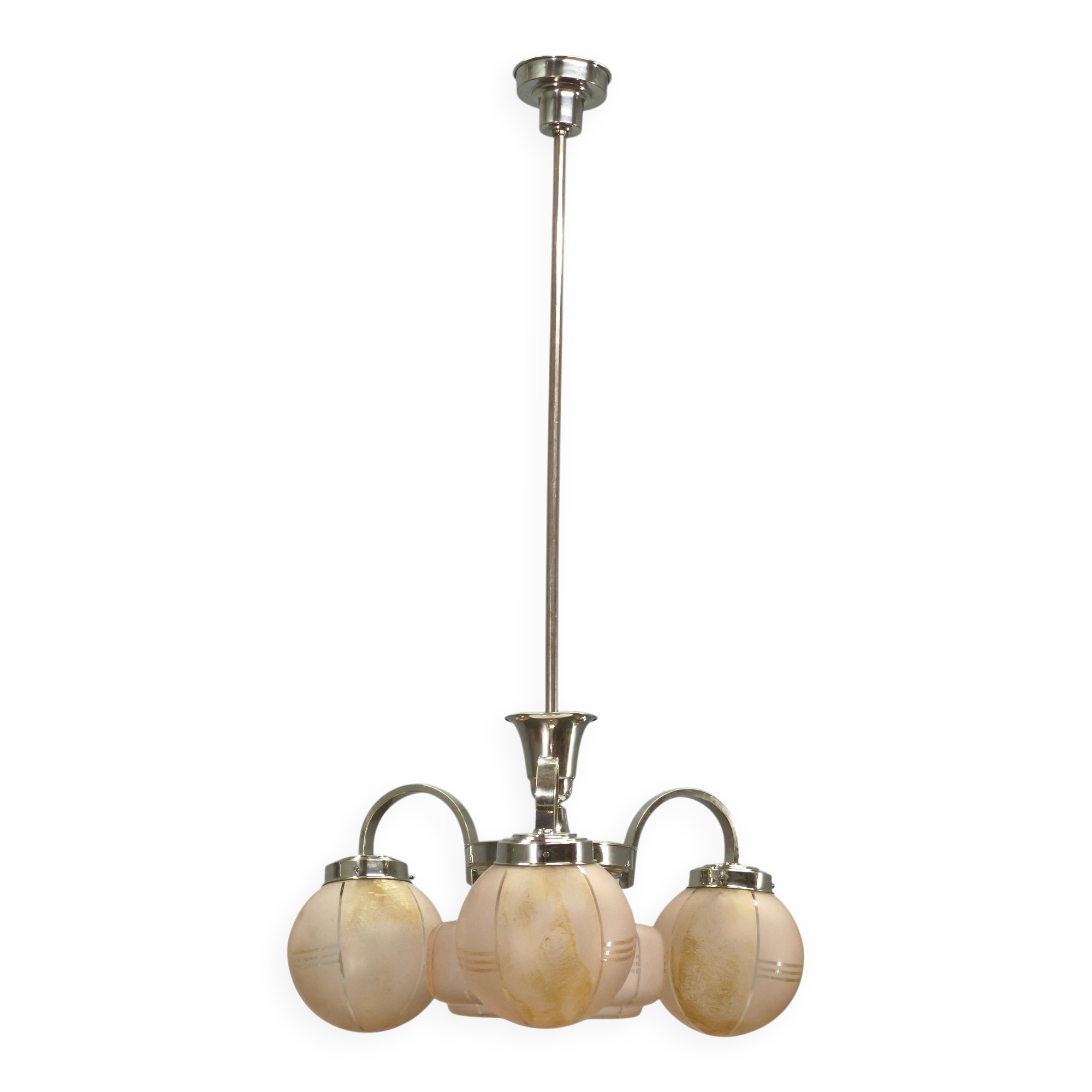 Art Deco Pink Glass Chandelier, Czechoslovakia, 1940s