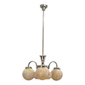 Chandelier en verre rose Art Déco, Tchécoslovaquie, années 1940