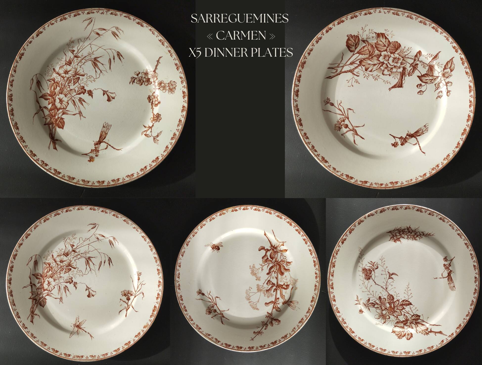 "Carmen" - 5 flat plates ø 23.5cm ironstone Sarreguemines U&C