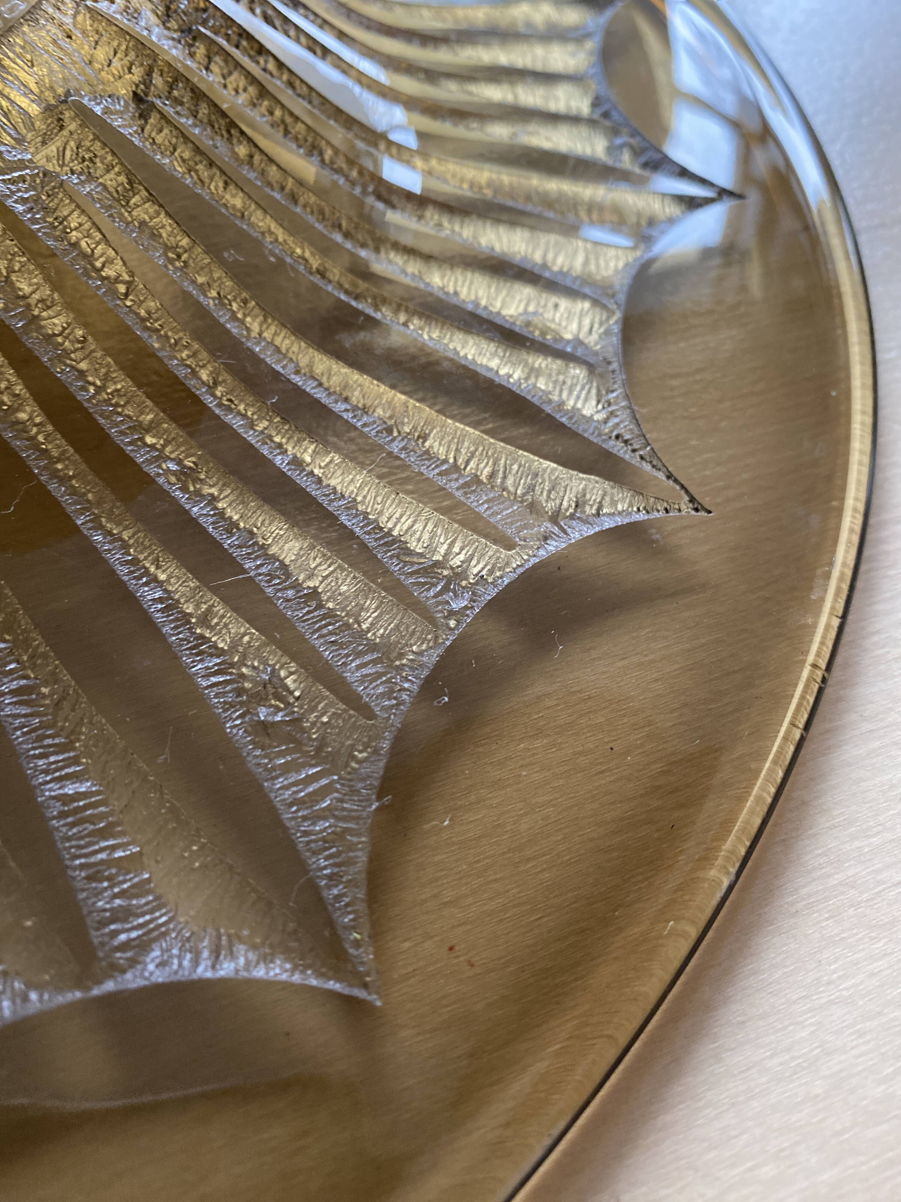Old Verrex smoked glass fruit bowl, with a radius decoration cut into the glass