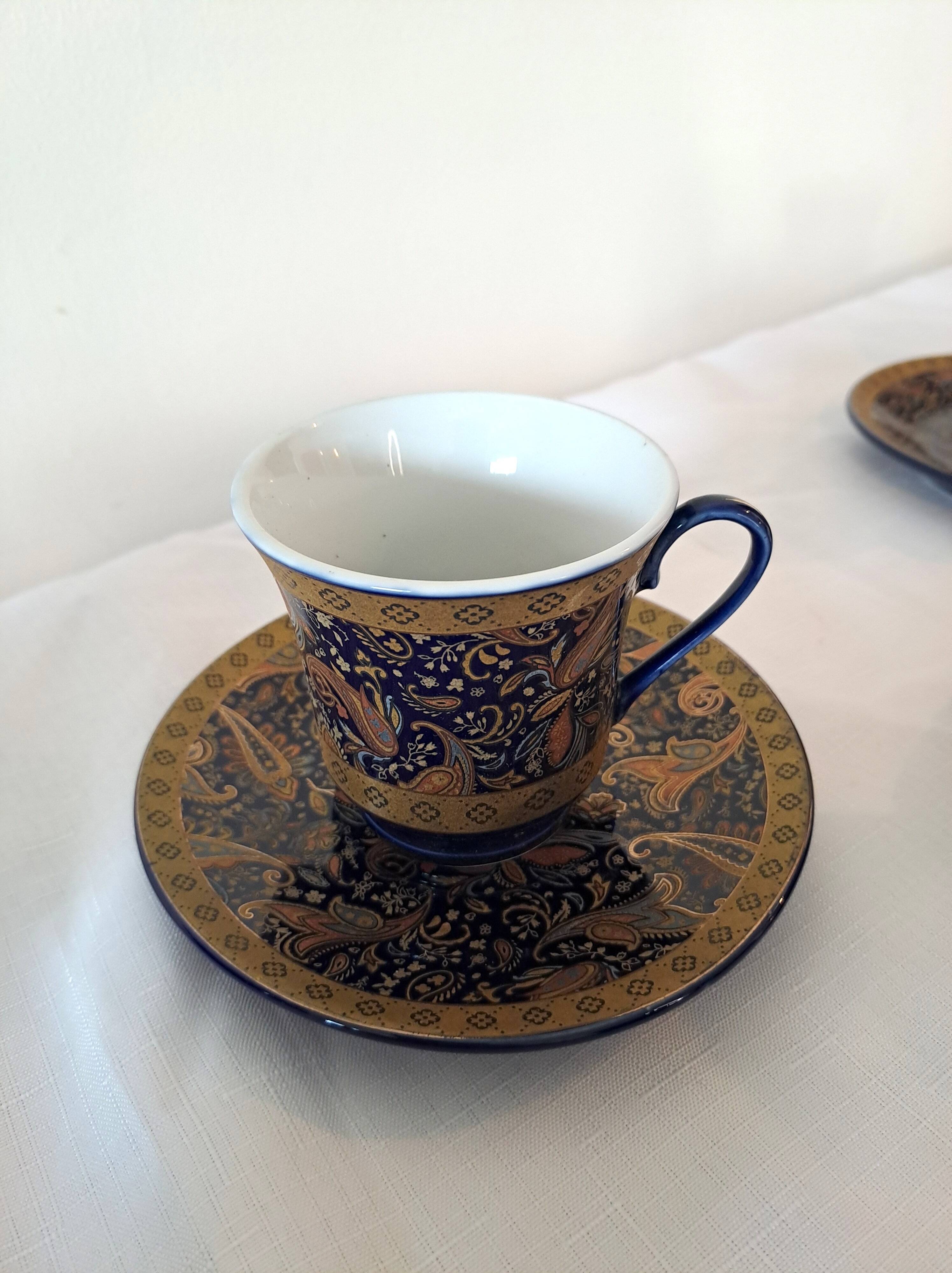 Service à café vintage D&S France – porcelaine bleue et or – 13 pièces
