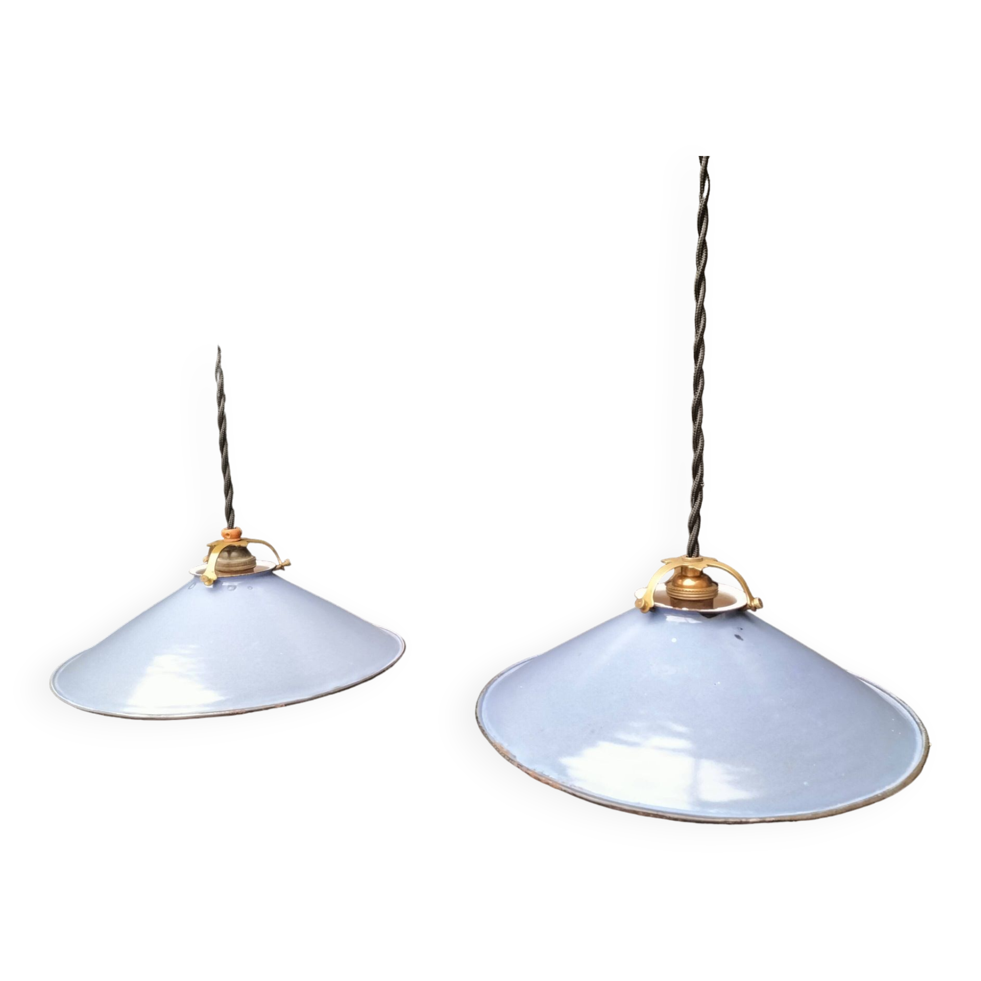 Pair of blue enameled sheet metal pendant lights